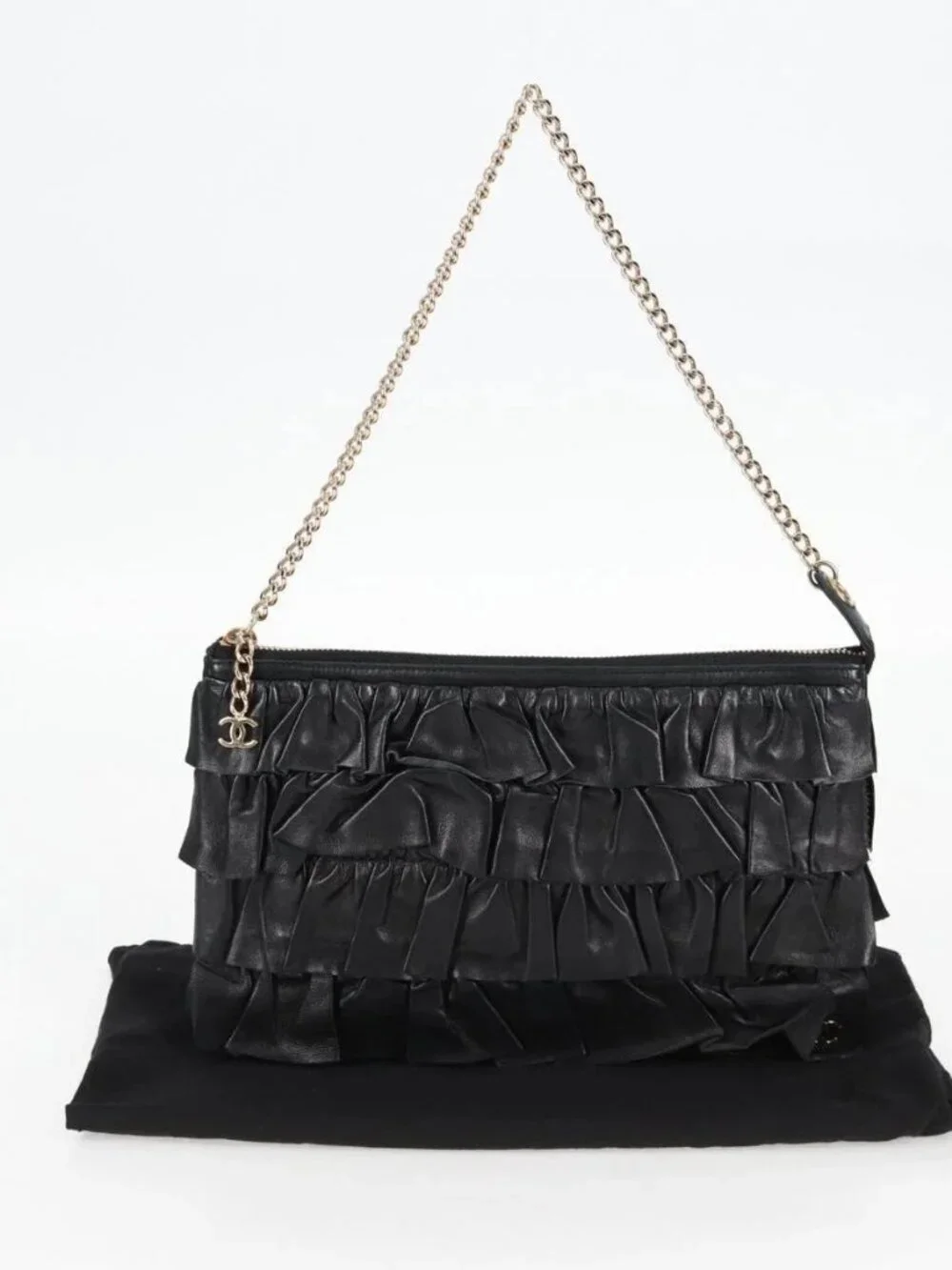 CHANEL Chain Gathered Hand Bag Lamb Skin Black Gold CC Auth yk18016M